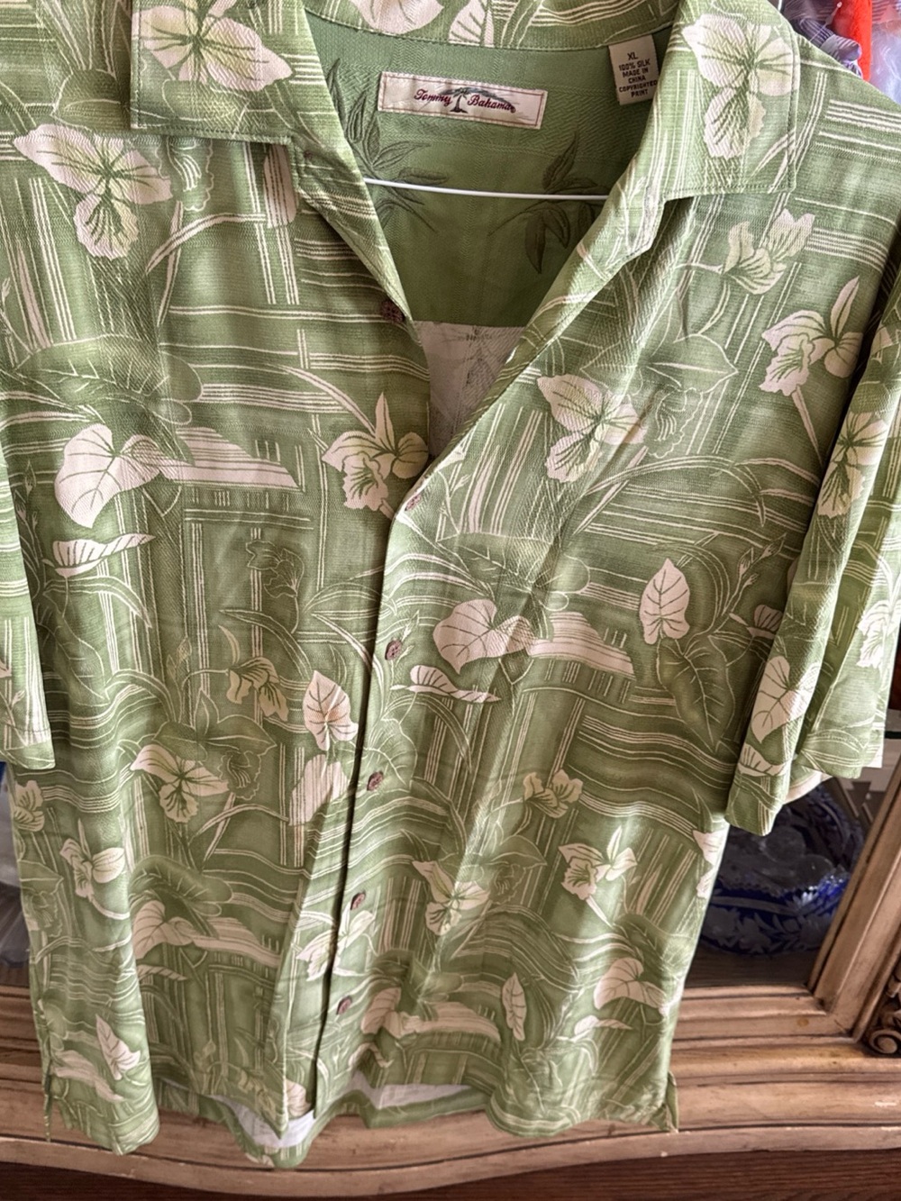 Tommy Bahama Green and White Tropical Print Silk Camp Shirt